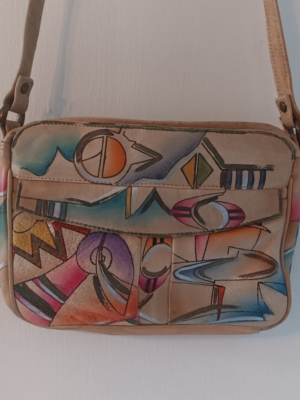 80s Retro Leather Abstract Painted Cream Multi-Compartment Shoulder Bag